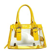 Clear PVC Tote Bag w/ Croc Embossed Patent Leather-like Trim - Mustard - BG-...