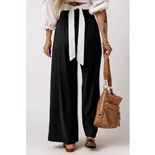 Black Drawstring Elastic Waist Casual Wide Leg Pants