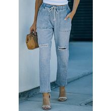 Sky Blue Gather Round Distressed Pocketed Denim Jogger