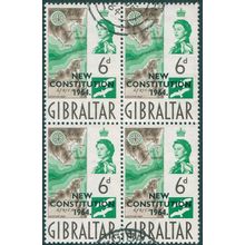 Gibraltar 1964 6d. sepia & emerald Var 'White spot on map' SG179a used block x4
