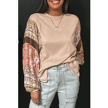 Parchment Contrast Floral Patchwork Puff Sleeve Waffle Knit Top