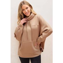 Light French Beige Drawstring Turtleneck Dolman Sleeve Sweatshirt
