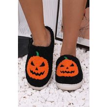 Black Halloween Pumpkin Print Plush Slippers