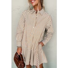 Brown Stripe Ruffled Hem Collared Long Sleeve Shirt Mini Dress