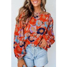 Red Floral Print Ruffle Puff Sleeve Blouse