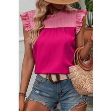 Rose Red Two Tone Ruffled Flutter Sleeve Blouse
