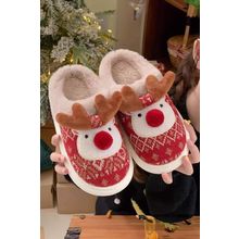 Fiery Red Christmas Cartoon Reindeer Plush Home Slippers