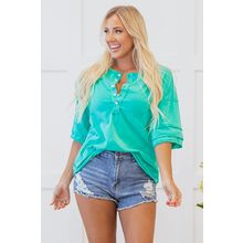 Mint Green Solid Color Half Sleeve Buttons Henley Top