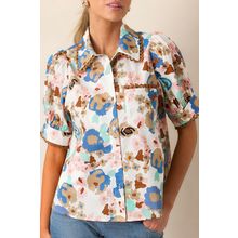 Multicolour Floral Print Ricrac Trim Collared Puff Short Sleeve Shirt