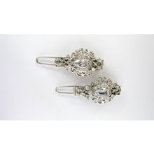 Two small tiny silver filigree crystal hair pin clip barrettes fine hair