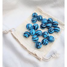 BRONTOSAURUS - 25 Glass Marbles, Blue and Black Swirl, 16mm, with Cotton Pouch