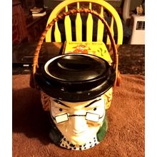 Old Vintage Cookie Jar Colonial Head Jar W/Basket Handle 7" Tall 1950s