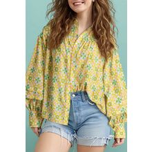 Green Boho Floral Print Frilly Detail Puff Sleeve Shirt