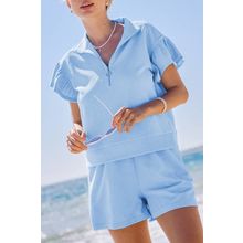 Beau Blue Ribbed Texture Half Zip Ruffled Short Sleeve Top and Shorts Set