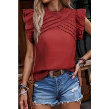 Red Dahlia Solid Color Pleated Detail Ruffle Short Sleeve Blouse