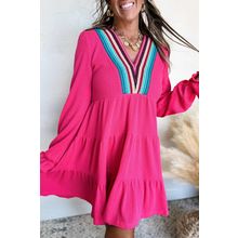 Rose Red Colorful Crochet V Neck Textured Tiered Ruffled Long Sleeve Mini Dress
