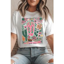 White Western Boot Flower Print Crew Neck Loose Tee