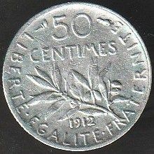 1912 France 50 Centimes Silver Coin