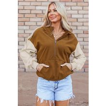 Chestnut Color Block Half Zip Kangaroo Pocketed Hoodie