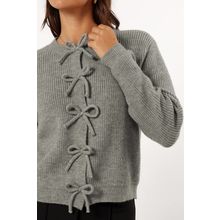 Philippine Gray Ribbed Knit Bow Front Buttoned Cardigan