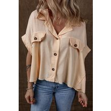 Beige Waffle Splicing Short Batwing Sleeve Flap Detail Shirt