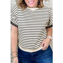 Black Stripe Eyelet Trimmed Ruffled Short Sleeve Plus Size Top