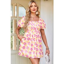 Rose Vibrant Floral Square Neck Puff Sleeve Pleated Flared Midi Dress