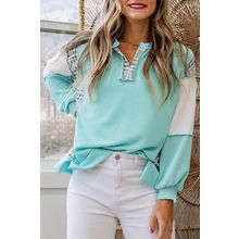 Aruba Blue Corded Texture Plaid Colorblock Patchwork Split Neck Long Sleeve Top