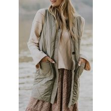 Grass Green Quilted Long Vest Jacket with Pockets