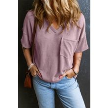 Valerian Corded V Neck Chest Pocket Loose T-shirt