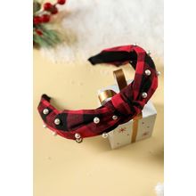 Red Dahlia Pearl Decor Christmas Plaid Knotted Headband