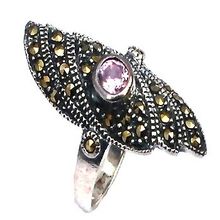 Sterling Silver 30 Marcasite and Amethyst Long Shield Ring