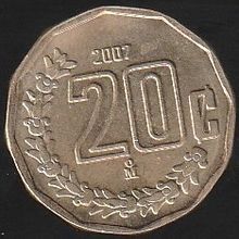 2007 Mexico 20 Centavos Coin