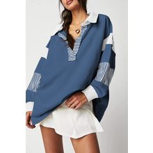 Sail Blue Striped Colorblock Patchwork Collar Sweatshirt