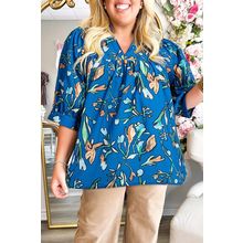 Blue Floral Notched V Neck Half Sleeve Plus Size Blouse