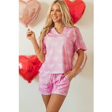 Pink Waffle Knit Bowknot Printed V Neck T Shirt and Shorts Set