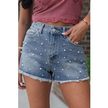 Dusk Blue Pearl Beaded Raw Hem Medium Wash Denim Shorts