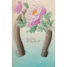 Happy Birthday Raised German Horseshoe Flower Antique Greetings Postcard
