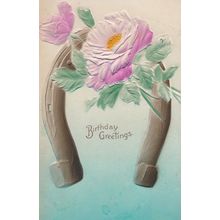 Happy Birthday Raised German Horseshoe Flower Antique Greetings Postcard