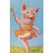 Dancing 1960s Ballerina Pig Glass Moving Eyes Postcard