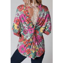 Multicolor Twisted Hollow-out Back Floral Long Sleeve Top