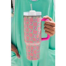 Bright Pink Flower Checkered Pattern Cup with Straw 40oz