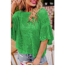Green Pointelle Knit Scallop Edge Short Sleeve Top