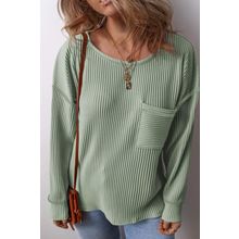 Clearly Aqua Plus Size Corded Knit Pocketed Crew Neck Top