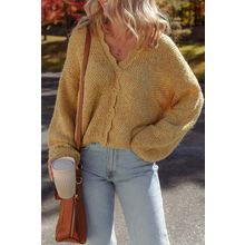 Light French Beige Lantern Sleeve Scallop V Neck Buttoned Front Cardigan