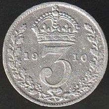 1910 Great Britain 3 Pence Silver Coin