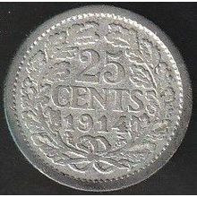 1914 Netherlands 25 Cents Silver Coin