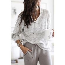 Gray Slouchy Heather Rib Knit Long Sleeve Henley Top