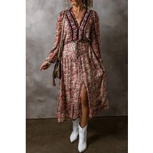 Brown Floral Print Split Front Tiered Frilled V Neck Midi Dress
