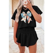 Black American Flag Inspired Bow Print Relaxed Tee and Skort 2pcs Outfit